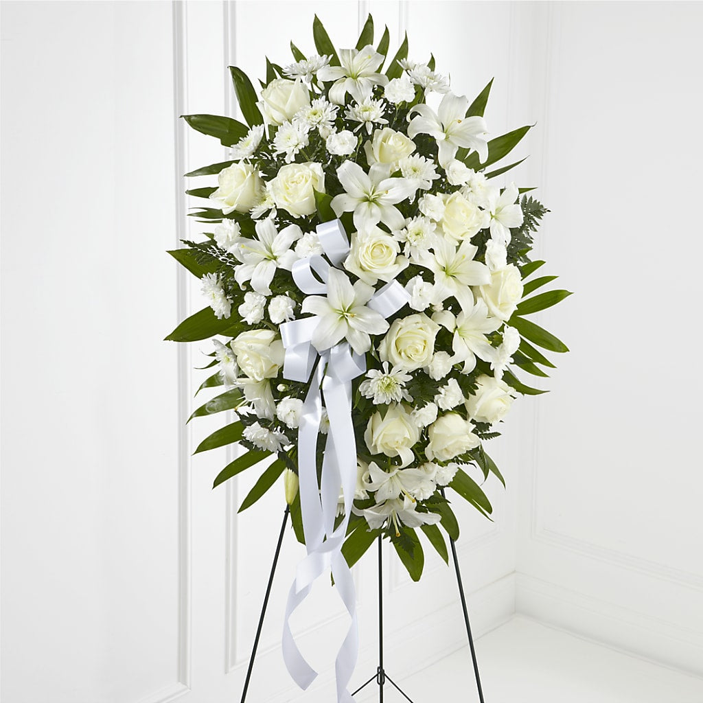 Exquisite Tribute Standing Spray-White Ribbon – SCOTT'S FLOWERS, Amarillo TX